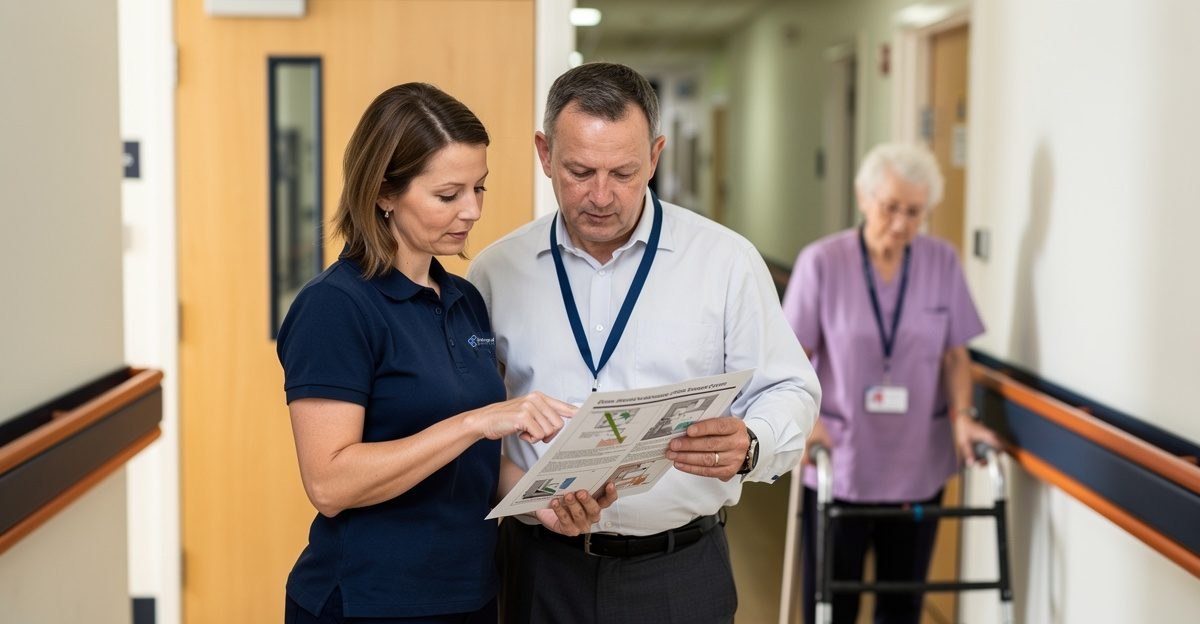 Health and safety consultant reviewing an evacuation plan with a care home manager