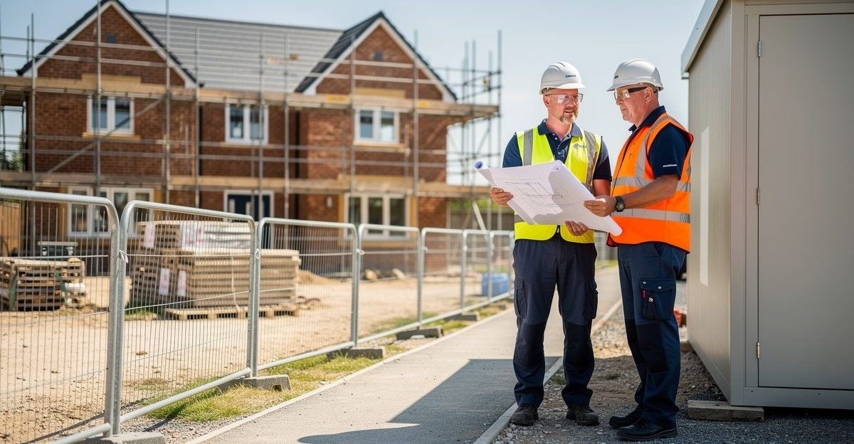 Health and safety consultant reviewing drawings with a site manager on a building site