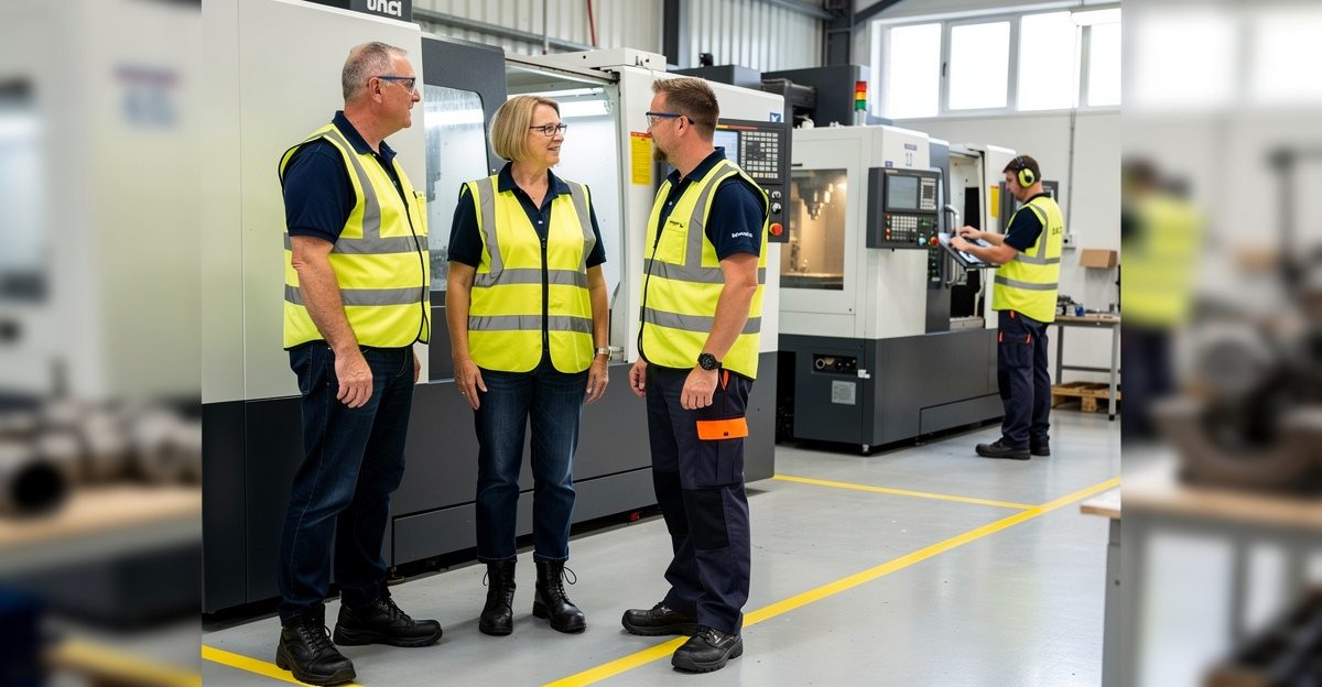 Health and safety consultant discussing machine guarding with a production manager